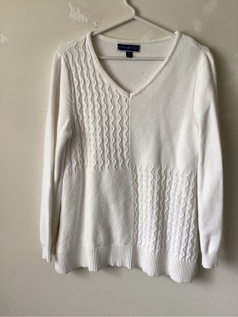 Karen Scott Off-White V-Neck Mixed Cable Knit Sweater